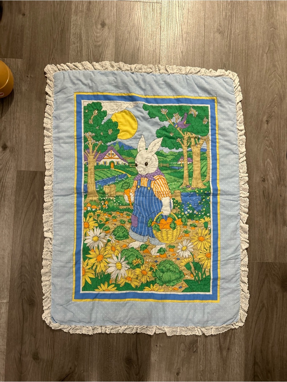Vintage Easter Bunny Applique Panel Throw - Light Blue, Yellow, Green